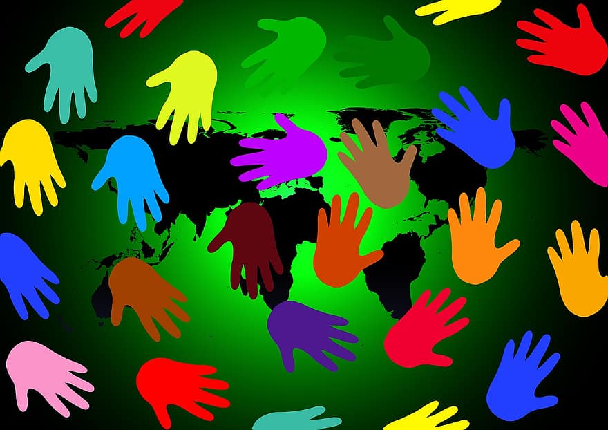 Hände, schwarz, Grün, Kontinente, Welt, Globus, bunt, Kommunikation, Gemeinschaft, Konzept, quantitativ