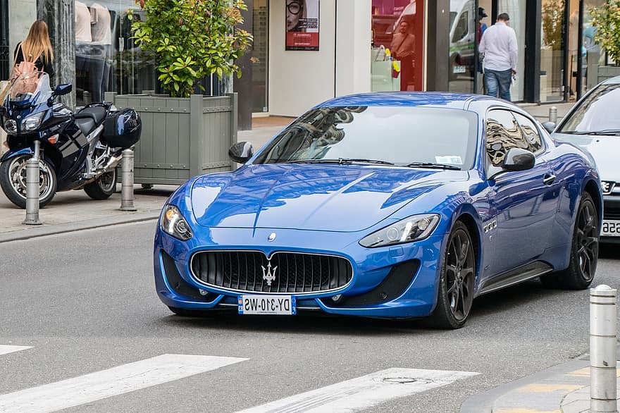 Maserati Granturismo, araba, yol, Oto, otomobil, Spor araba, Mavi araba, araç