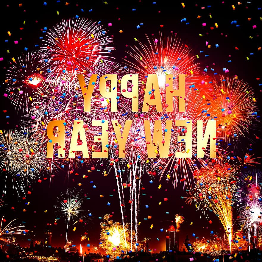 boldog új évet, újév, tűzijáték, konfetti, színes