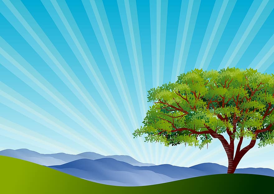 ilustración, fondo, paisaje, cielo, vistoso, naturaleza, árbol, Sol, Mañana, colina, prado