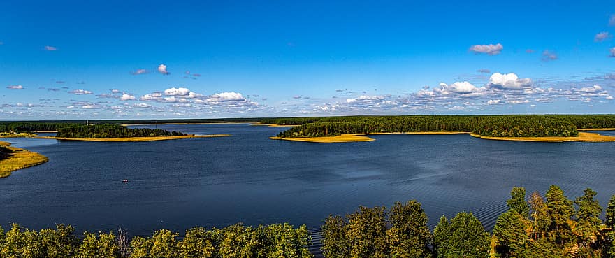 Jezioro Seliger, las, jezioro, Natura, krajobraz, Rosja, niebieski, lato, woda, żółty, drzewo