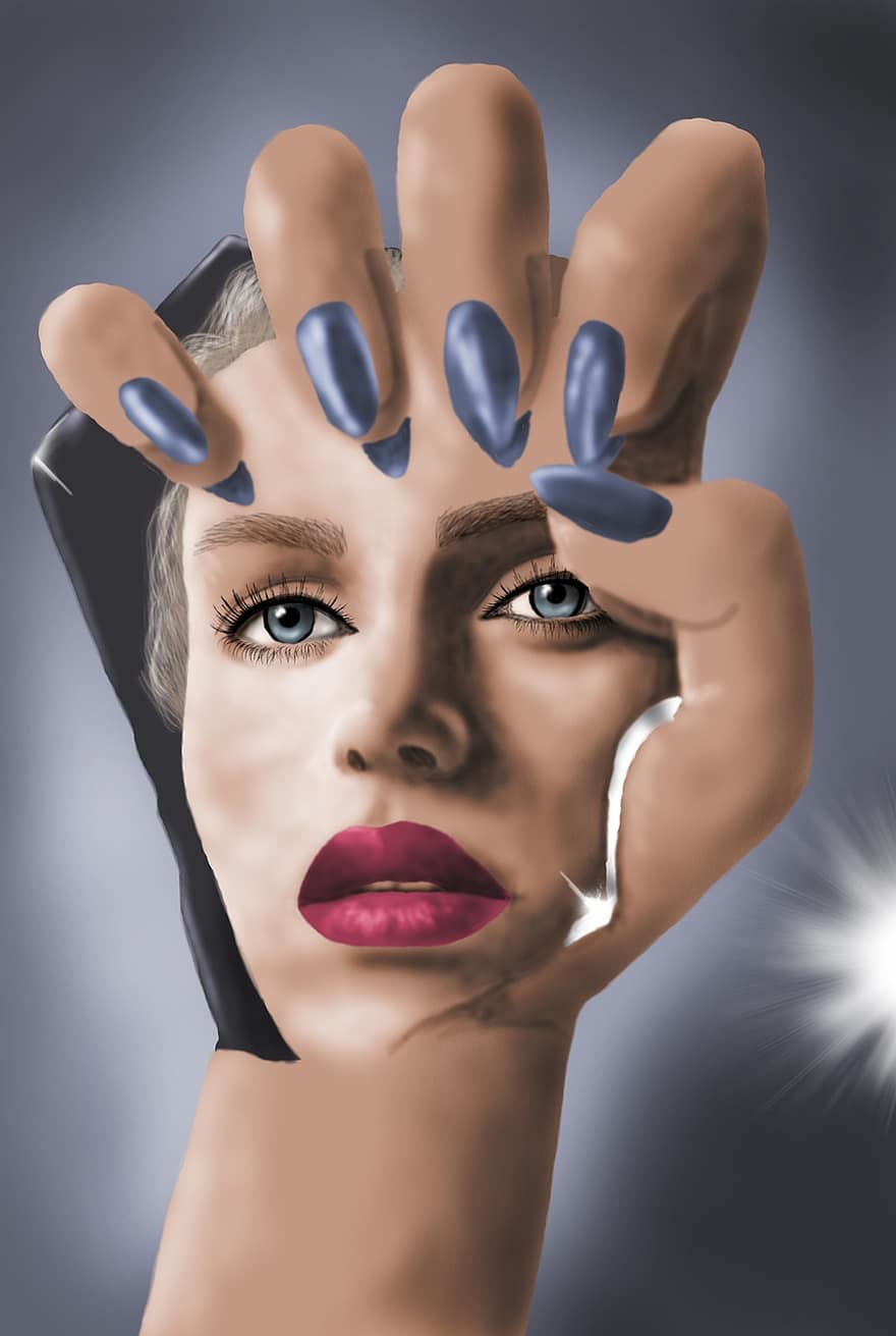 портрет, ръка, огледало, нокти, грим, момиче, лице, жена, модел