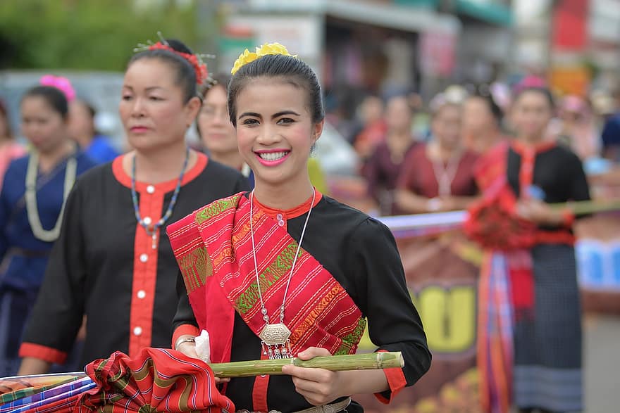 noia, roba tradicional, tailandès, retrat, somriu, feliç, dona, desfilada, processó, Festival, cultura