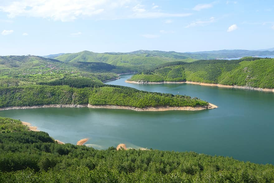 curva de herradura, Bulgaria, río, panorama, cerros, montañas, bosque, arboles, agua, naturaleza, paisaje