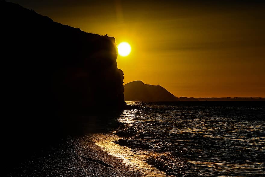 ビーチ、海、太陽、海岸、崖、夕暮れ、日没、シルエット、地中海、山、岩