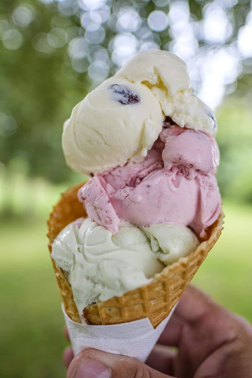 сладолед, конус за сладолед, десерт, захарни изделия, храна, сладка храна, лято, едър план, лед, гастроном, свежест