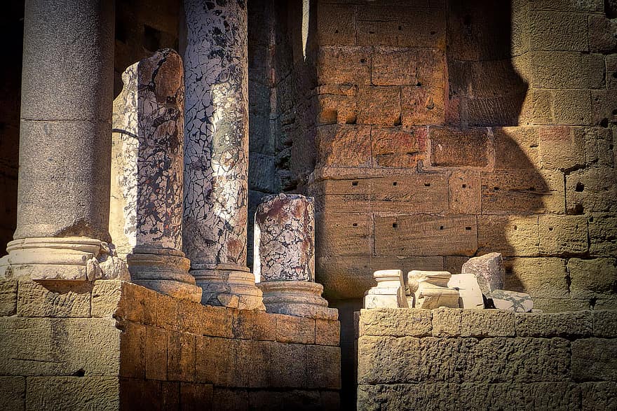 senovėje, atriumas, colosseum, teatras, lauko teatras, stulpelis, marmuras, akmenimis, mūro, griuvėsiai, istoriškai