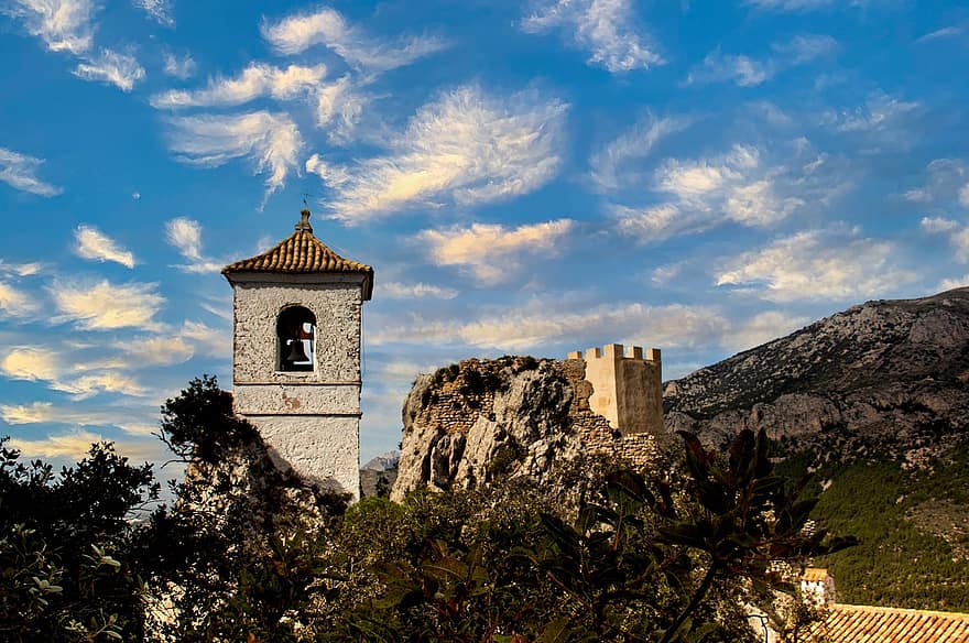 Guadalest, szikla, torony, hegy, tájkép, történelmi, harangtorony, turisztikai attrakció, falu, Alicante, costa blanca