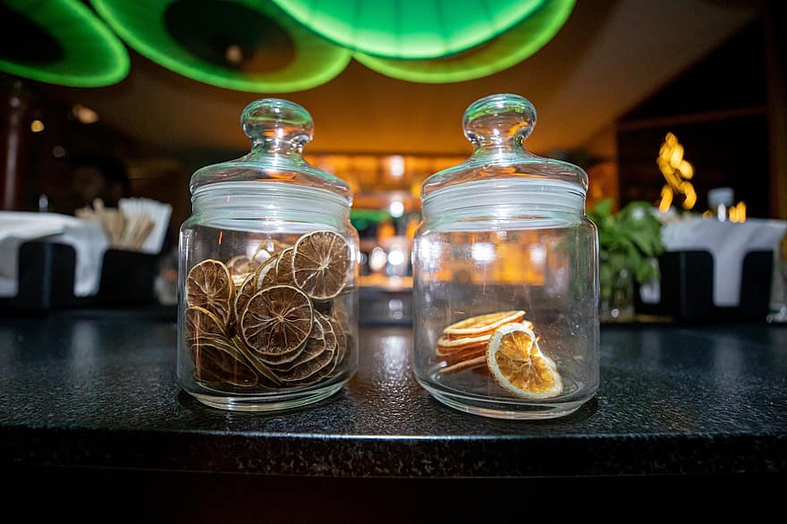 Container, Glass, Jar, Dried Lemon, food, table, freshness, drink, fruit, close-up, heat