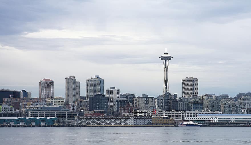 Seattle, frente al mar, Washington, punto de referencia, sonido puget, ciudad, viaje, aguja Espacial, horizonte, paisaje urbano, turismo