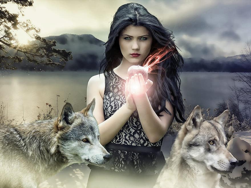 gotický, fantazie, temný, ženský, čarodějnice, fantasy dívka, fantasy žena, Sněhurka, pohádka, charakter fantazie, vlci