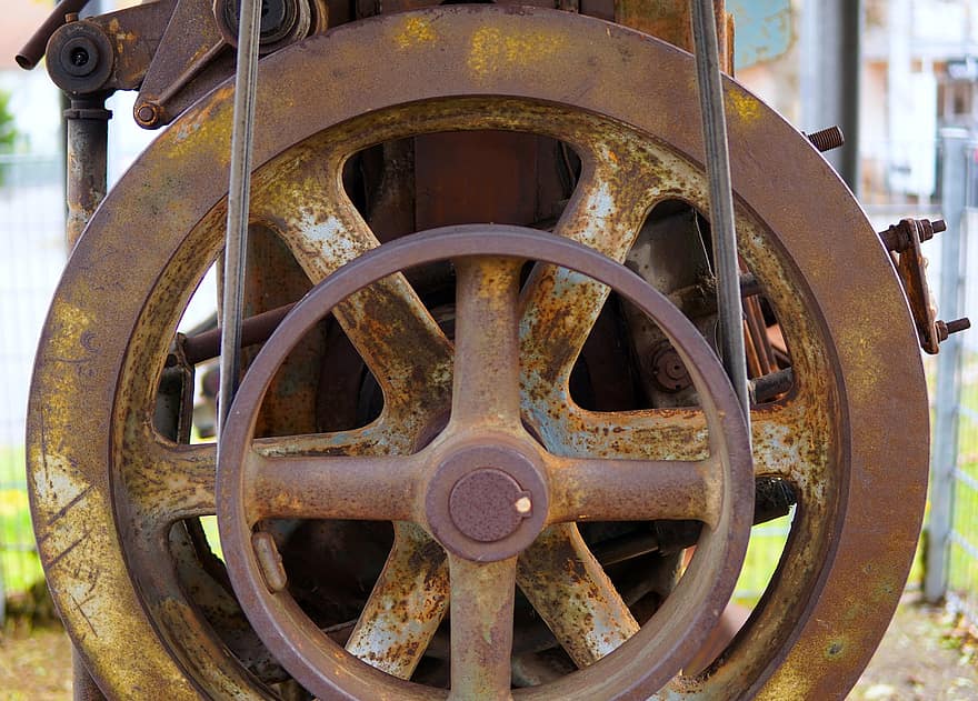 기계, 오래된 바퀴, 바퀴, 강철, 산업, 금속, 늙은, 철, 녹슨, 과학 기술, 기계 부품