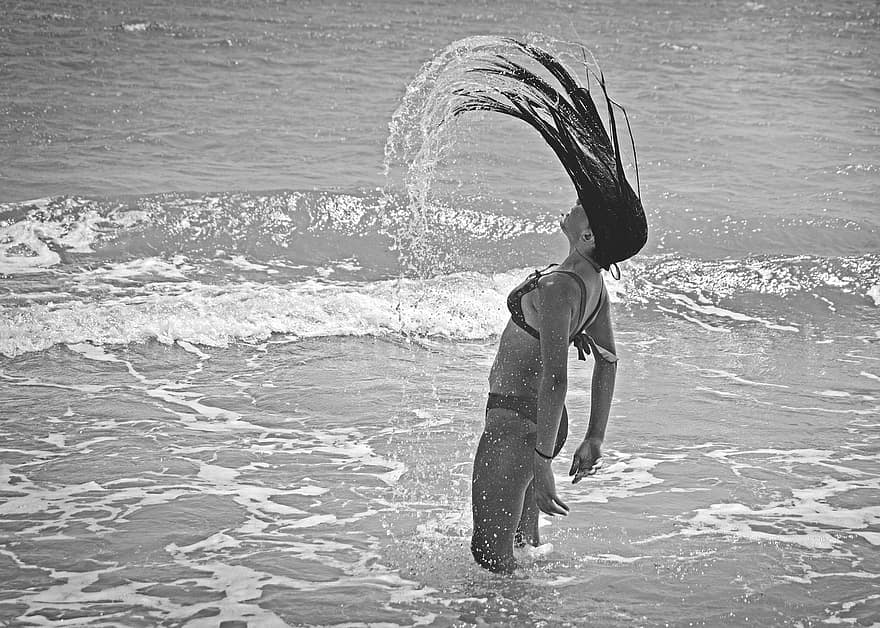 Sea, Beach, Woman, Vacation, Leisure, Outdoors, Monochrome, Girl, Playing, Motion, Action