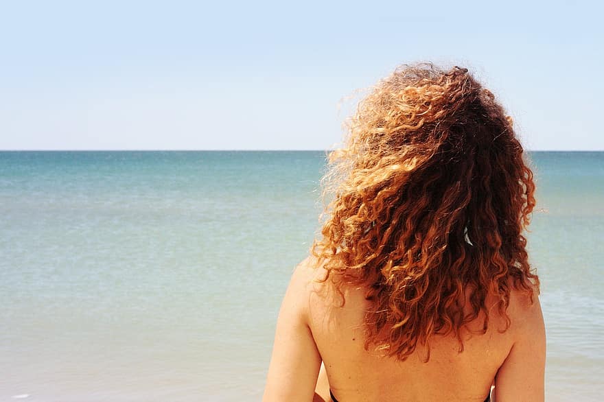 kesä, aurinko, ranta, meri, lomat, Espanja, hiukset womancurly, horisontti