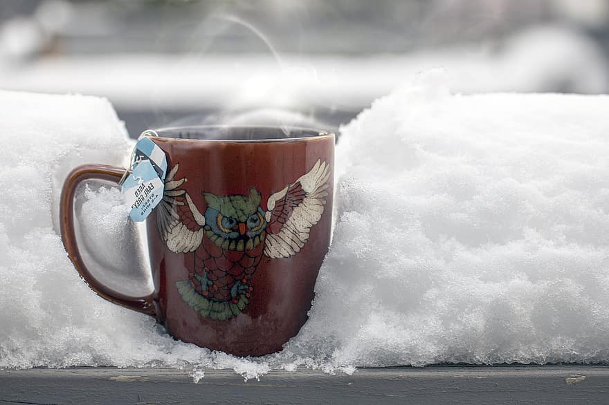 ceai, halbă, aburi, zăpadă, rece, abrupt, cafeină, retro, bufniţă, iarnă, confort