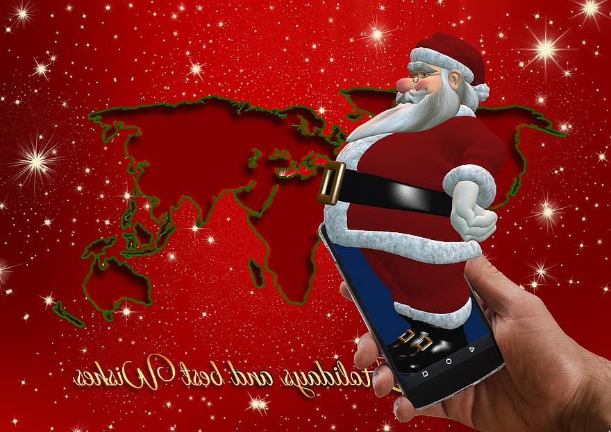 Père Noël, Noël, téléphone intelligent, téléphone portable, claus, hiver, fête, père Noël, étoile, décembre, saison