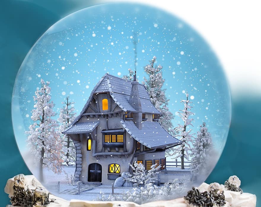 Navidad, casa, Una bola en la nieve, árbol, vacaciones, diciembre, nieve, globo, celebracion, invierno, copos de nieve