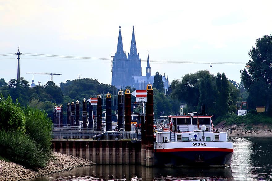 порт, река, Кьолн, Германия, град, катедрала, Кьолнската катедрала, танкер, известното място, архитектура, вода