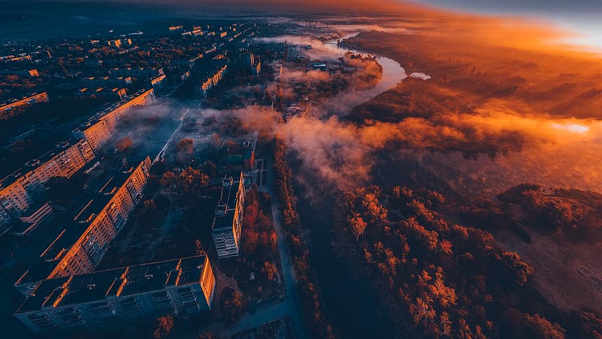 stad, soluppgång, Novomoskovsk, ukraina, dimma, moln, skog, flod, morgon-, flygperspektiv, skymning