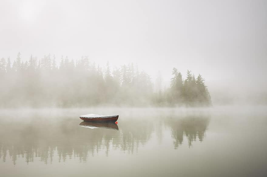 ομίχλη, λίμνη, φθινόπωρο, φύση, νωρίς το πρωί, πρωινή διάθεση, περιβάλλον, σκάφος, Όρμος, ναυτικό σκάφος, νερό