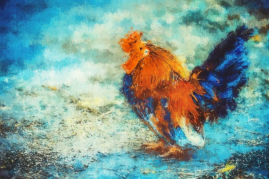 kyckling, tupp, målning, vattenfärg, akryl-, fågel, djur-, fjäderfä, fjäderdräkt, kreativ, konstnärlig