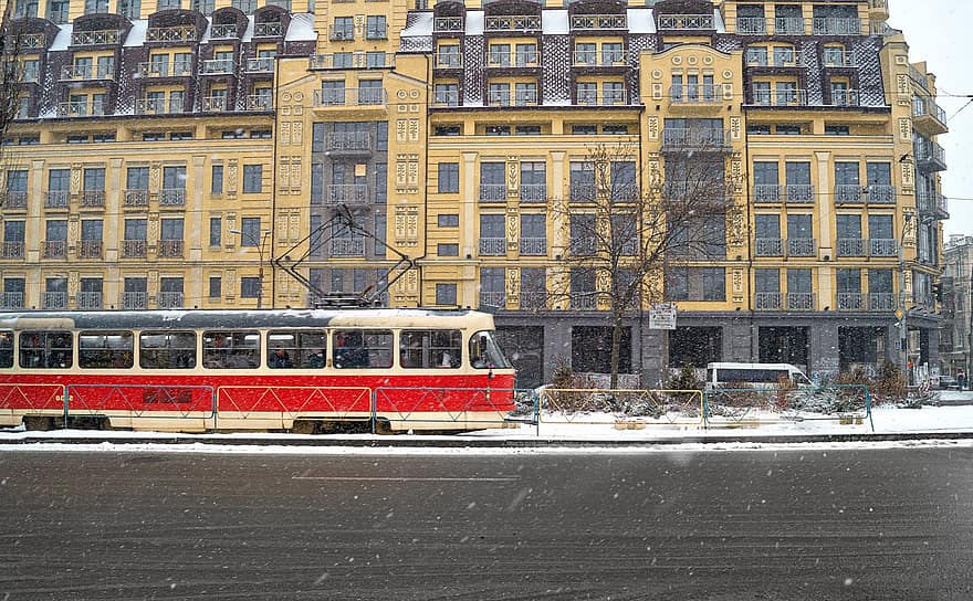 arkkitehtuuri, talvi-, kiev, iso alkukirjain, Ukraina, raitiovaunu, kuljetus, katu