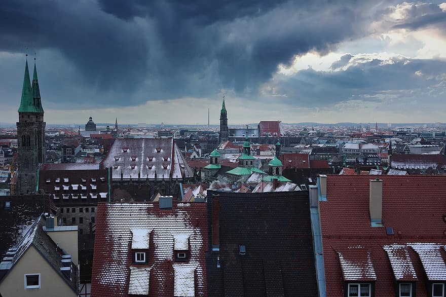 ciudad, edificios, paisaje urbano, urbano, destino de viaje, nublado, melancólico, Nuremberg, baviera