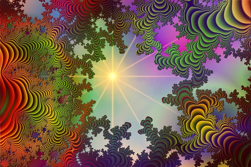 fractals, multi gekleurd, achtergrond, zon