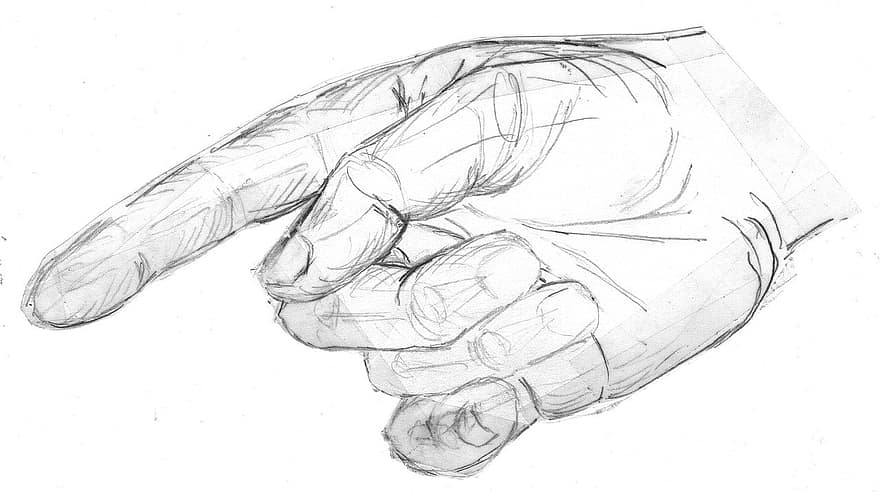 hand, som visar, pekfinger, tumme, finger, skiss, ritning, penna ritning, svartvitt