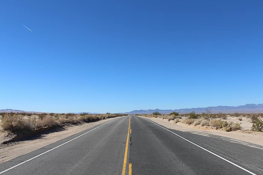 carretera, desert, paisatge, Califòrnia, paviment, viatjar, blau, asfalt, transport, muntanya, estiu