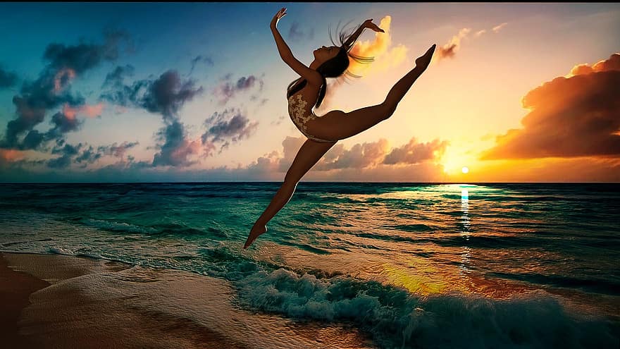 dans, springen, yoga, zonsondergang, silhouet, vrouw, meisje, balans, opleiding, zomer, zee
