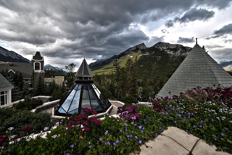 Banff, Banff स्प्रिंग्स होटल, कनाडा, होटल, आर्किटेक्चर, छत, पर्वत, फूल, गर्मी, ग्रामीण दृश्य, परिदृश्य
