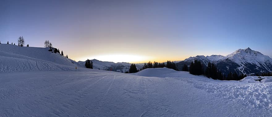 gunung, alam, main ski, Perancis, pegunungan Alpen, matahari terbenam, musim, salju, musim dingin, pemandangan, biru