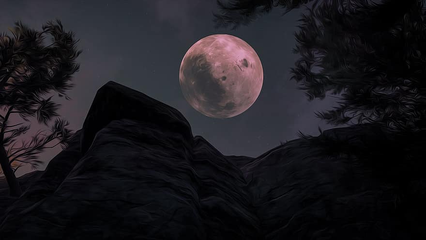 Luna llena, cielo nocturno, fantasía, papel pintado, naturaleza, noche, fondo, montañas, luz de la luna, oscuro, astronomía