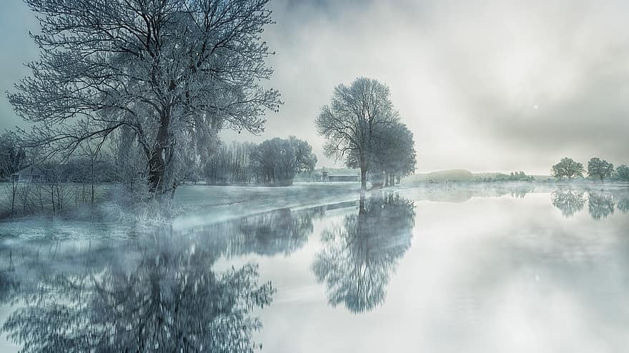 Natur, Baum, Nebel, Wasser, Schnee, See, Spiegeln, Reflexion, Panorama, Dunst, kalt