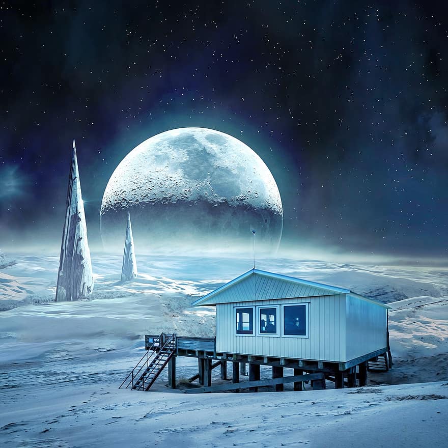 місяць, будинок, колода, база, фантазія, науково-фантастичний, наукова фантастика, простору, зовнішній простір, пісок, планети