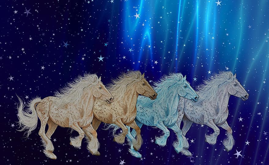 zirgi, Digitālā radīšana, māksla, krāsas, četri zirgi, fona, zils