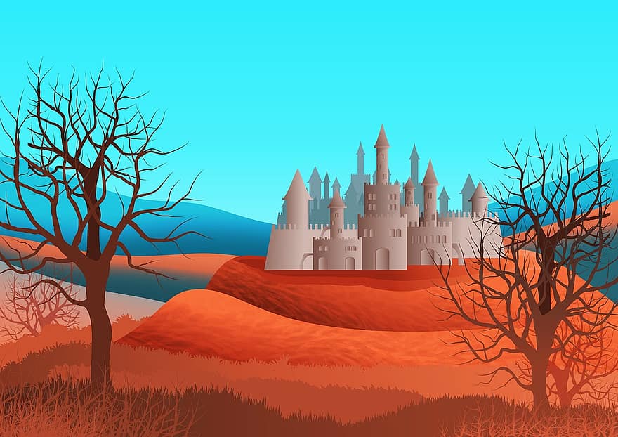 castell, paisatge, muntanyes, turons, arbres, plantes, cel, blau, edifici, medieval, fantasia