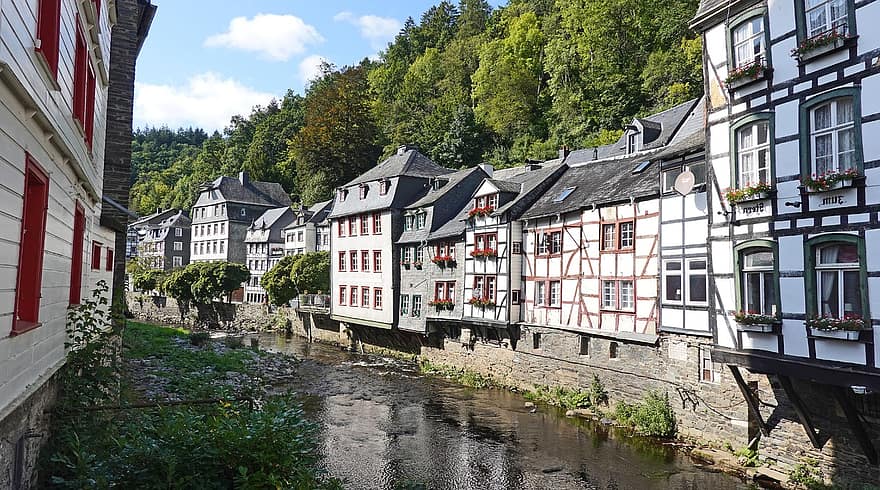 pueblo, naturaleza, casas, monschau, casas de entramado de madera, histórico, arquitectura, paisaje urbano