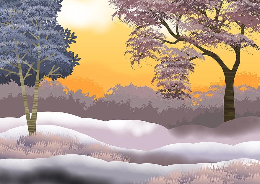 ilustração, fundo, panorama, natureza, arvores, céu, neve, inverno, colorida, meio Ambiente, cênico