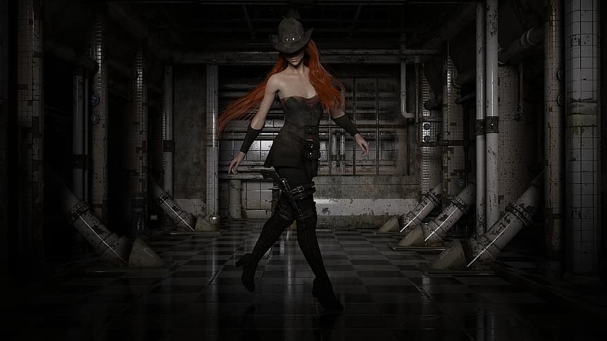 Hall, Factory, Pipes, Woman, Outfit, Cowgirl, Warehouse, Factory Building, Old, Building