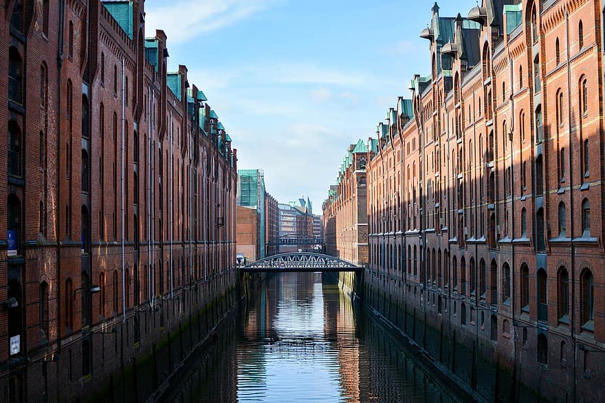 Canal, Town, Europe, Hamburg, Germany, Architecture, Buildings