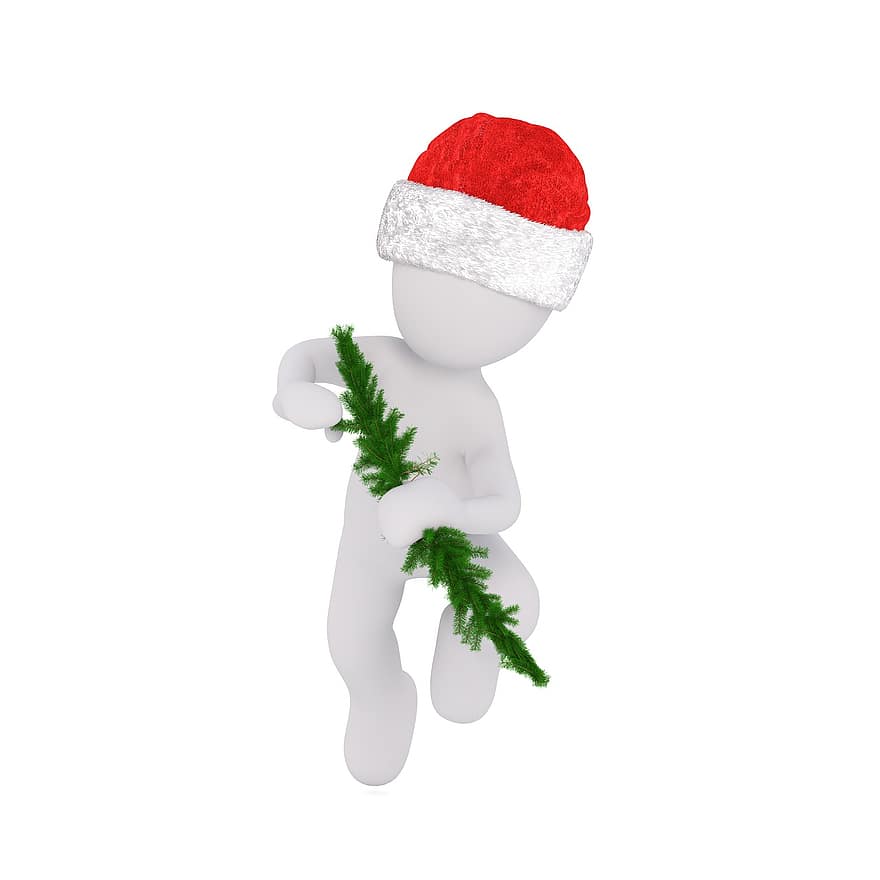 Natale, maschio bianco, tutto il corpo, cappello da Babbo Natale, Modello 3d, figura, isolato, verde, ramo, ramo di natale, aghi di pino