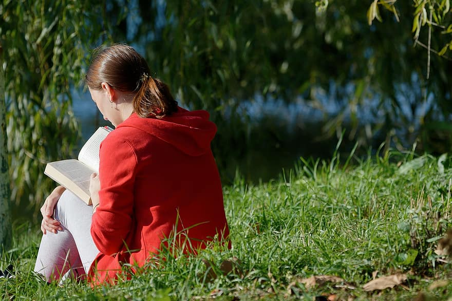 Woman, Book, Grass, Reading, Park, Tree, Girl, women, one person, sitting, lifestyles