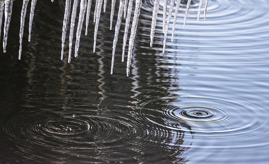 Icicles, Water Drops, Lake, Ripples, Water, Droplets, Drops, Ice, Frozen, Winter, Nature