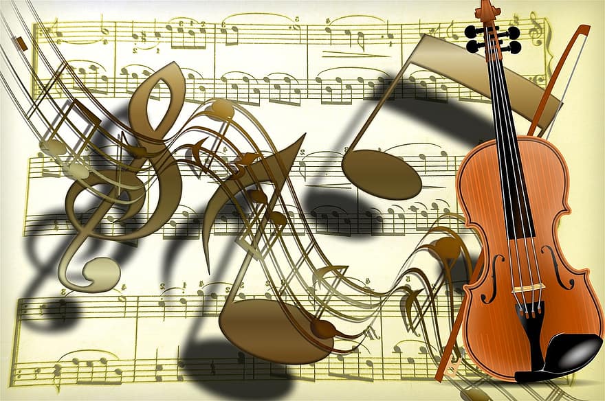 fiolin, clef, gull, musikk, notenblatt, klokke, sekvens