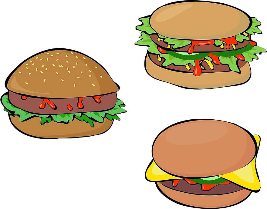 voedsel, maaltijden, spotprent, clip art, grafisch, tussendoortje, brood, hamburger, junk food, belegd broodje, salade