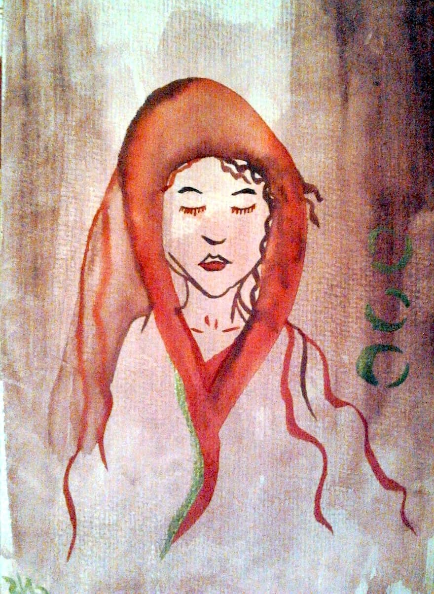 akvarelli, nainen, maria, punainen, meditaatio, takki