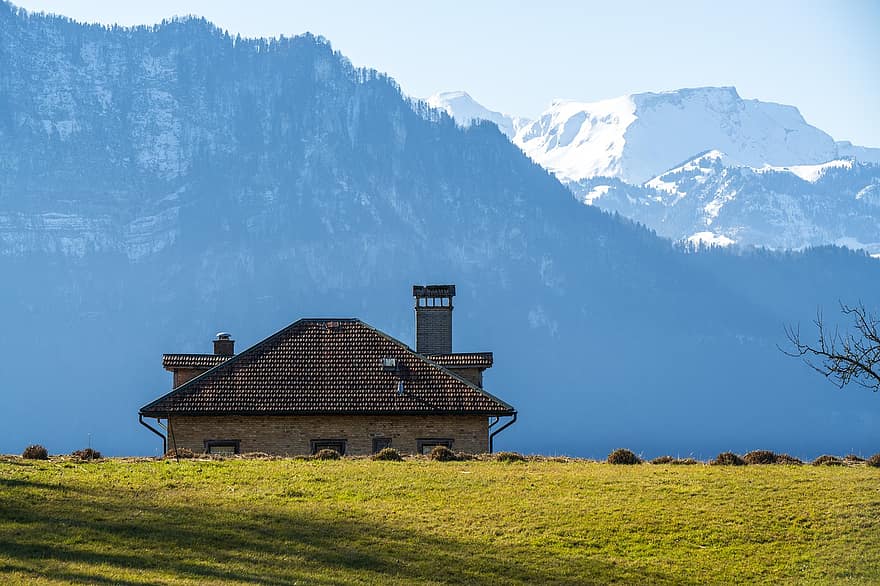 家、村、田舎、自然、スイス、アルプス、ルツェルン湖