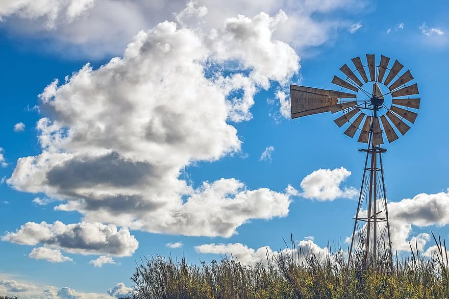 Windmühle, Himmel, Wolken, Natur, Landschaft, Kapparis, Blau, Bauernhof, Wolke, ländliche Szene, Windkraftanlage